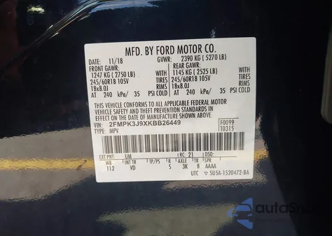2019 Ford Edge Sel z USA, uszkodzony, nr VIN 2FMPK3J9XKBB26449